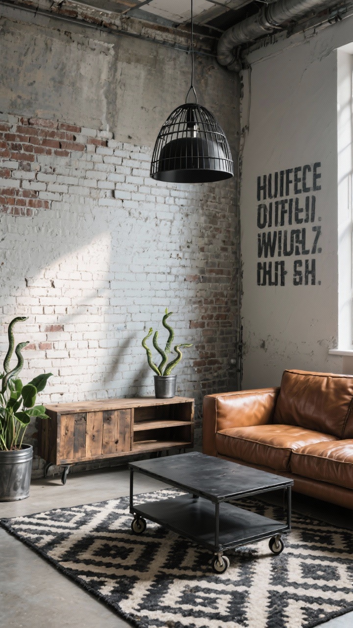 Corner angle medium shot, Urban Industrial Loft: a textured brick-look peel-and-stick feature wall (or concrete-effect paint), caramel leather sofa, black metal coffee table with matte finish, reclaimed wood shelf unit on wheels. Overhead, a black cage pendant; on the wall, oversized typography art. Layer a charcoal-and-cream patterned rug; add metal planters with snake plants. Mix matte and distressed finishes; unfussy, functional styling. Late afternoon light with subtle shadows, photorealistic.
