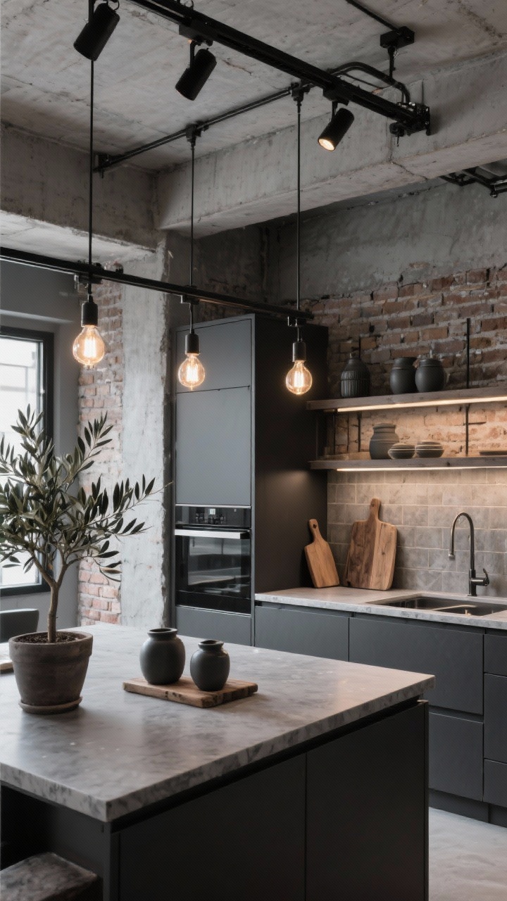Corner-angle medium-wide shot: Loft-inspired kitchen with a sleek black aluminum track lighting system across the ceiling, adjustable heads aimed as spots over the island for task work and wall washers grazing an exposed brick or textured tile feature; charcoal cabinetry, concrete-look quartz slab counters, open steel shelving; Edison-style LED bulbs for warm tone; accents include matte ceramic jars, reclaimed wood cutting boards, and a potted olive tree; palette of charcoal, concrete gray, gunmetal, smoked wood; photorealistic industrial mood.