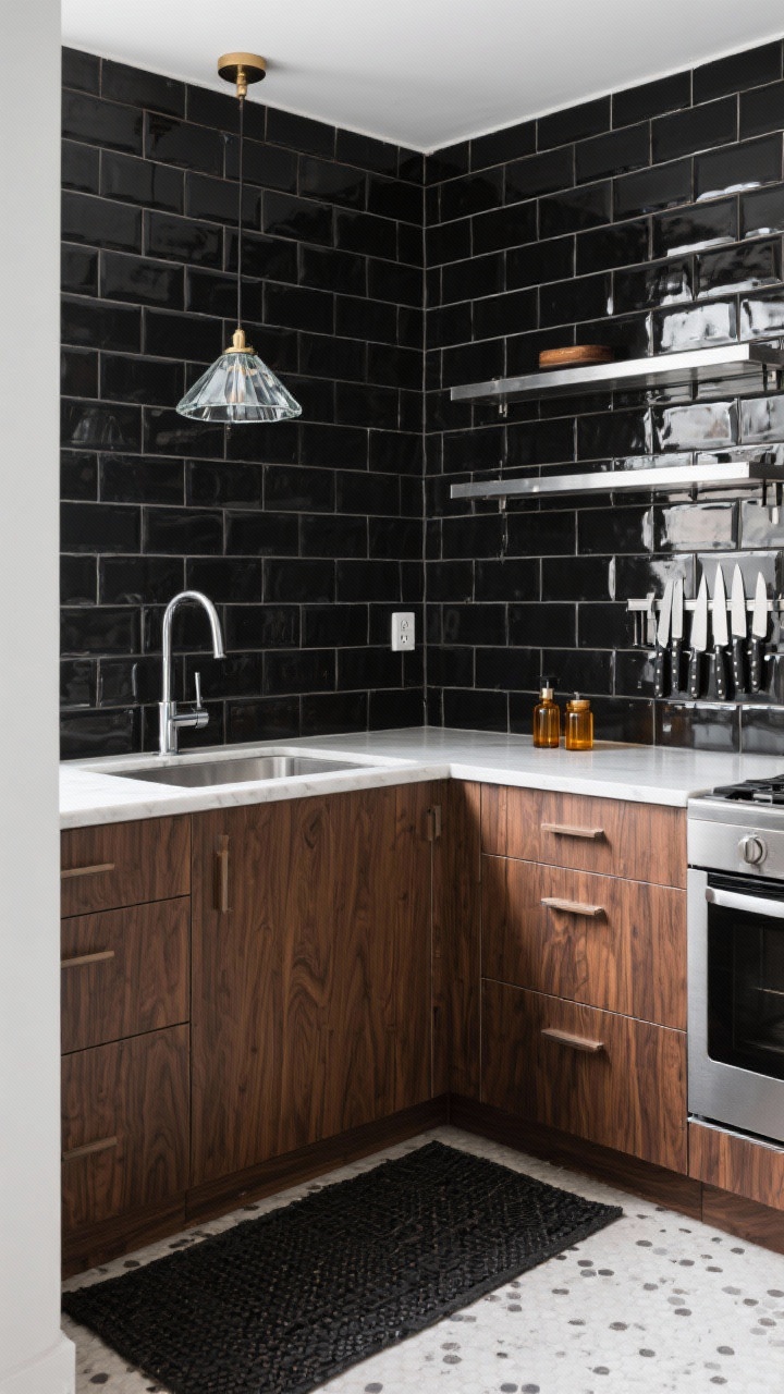 Corner angle, urban industrial kitchenette: matte black peel-and-stick subway tile backsplash; removable wood-look vinyl on lower cabinet fronts; temporary stick-on drawer pulls (originals saved); open shelves lined with adhesive stainless film for chef’s-kitchen shine; plug-in prismatic glass pendant over the sink; rubber-backed vintage runner on the floor; magnetic knife strip and amber glass soap set styled on the counter; palette of black, walnut, steel, warm white; crisp, functional mood.