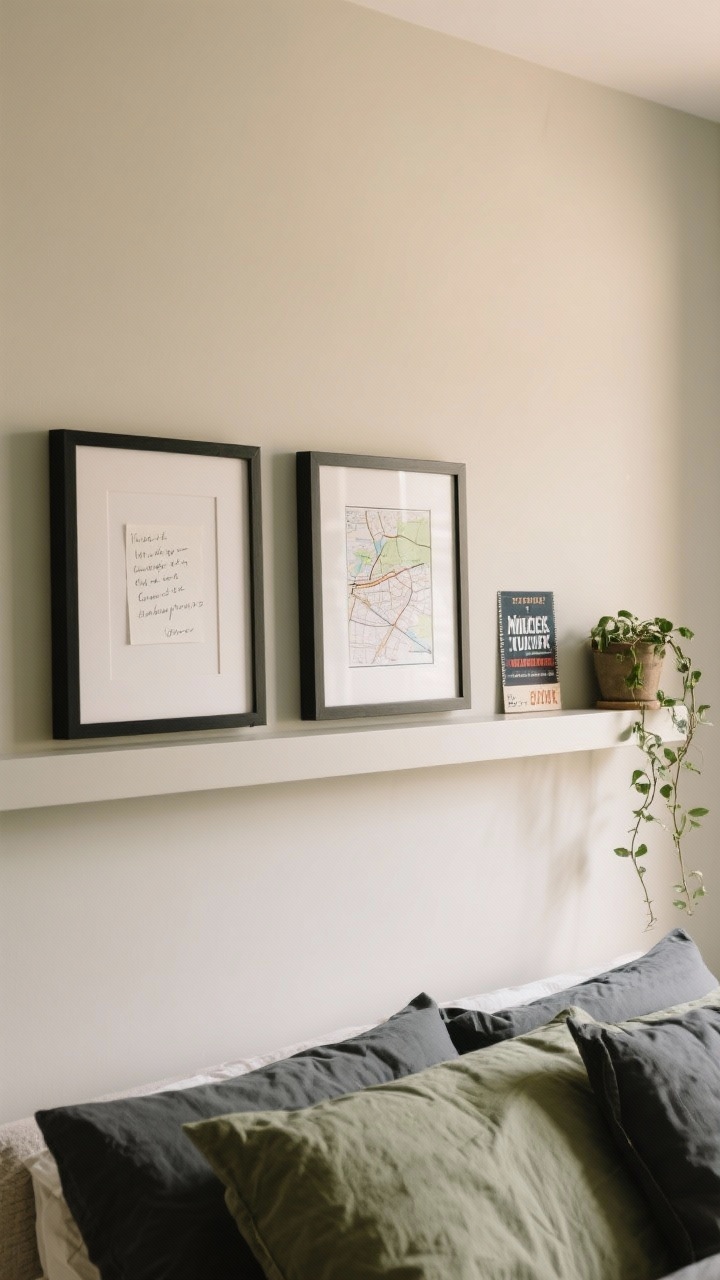 Detail closeup: A curated personal vignette on a picture ledge—matching thin black frames containing a handwritten note, a small travel map, and a concert ticket, all aligned in a cohesive grid. Color story echoes the room: muted sage and charcoal accents pulled from bedding, plus a small wall-mounted planter with a trailing vine. Warm, soft lighting and a clean background for a polished, grown-up feel. No people.