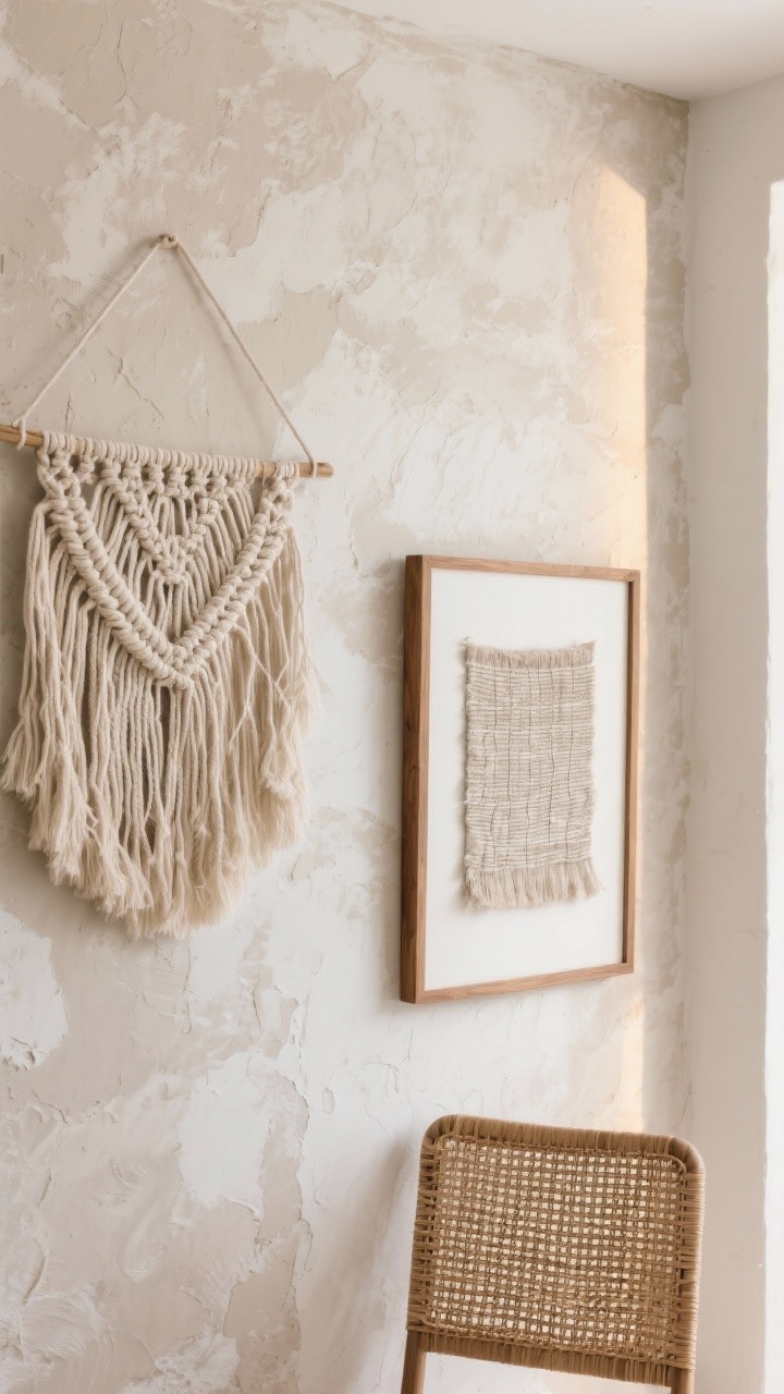 Detail closeup: A textured wall vignette showcasing layered materials—plaster/limewash wall with subtle tonal shifts, a woven wall hanging in creamy fibers, and a framed fabric textile with visible weave. Nearby, a rattan accent and a thin strip of oak trim introduce natural warmth. Neutral palette: sand, taupe, and warm white. Side lighting skims the surface to emphasize texture depth and softness. No people.