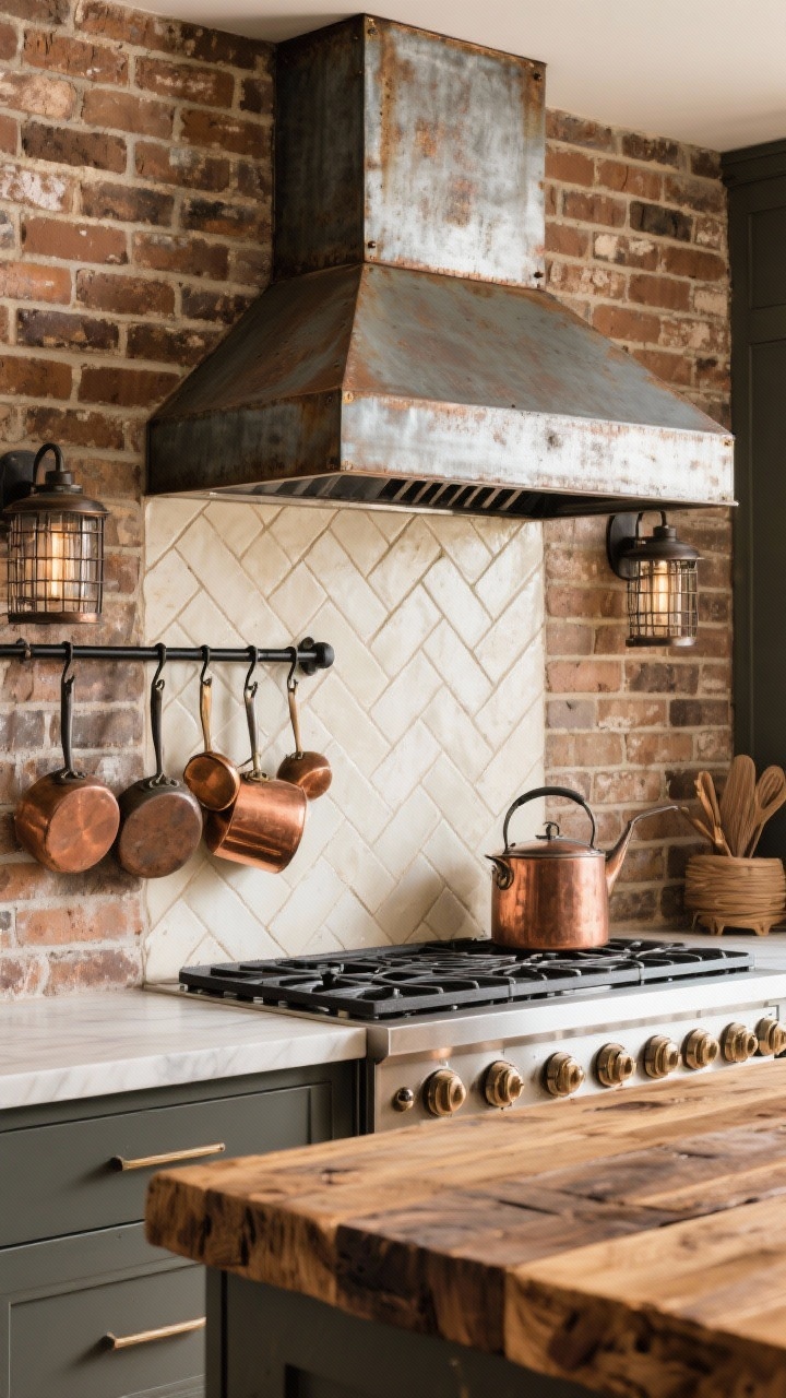 Detail closeup at the range wall: Rustic-industrial materials vignette showing a patinated zinc range hood above a handmade brick herringbone backsplash, limewashed for softness; industrial caged sconces flanking the hood; a black metal rail with well-used copper pots and ladles, their warm patina visible; foreground edge of a thick reclaimed oak butcher-block island; tones of tobacco brown, iron, zinc, copper with creamy grout; softly diffused warm lighting, photorealistic texture emphasis.