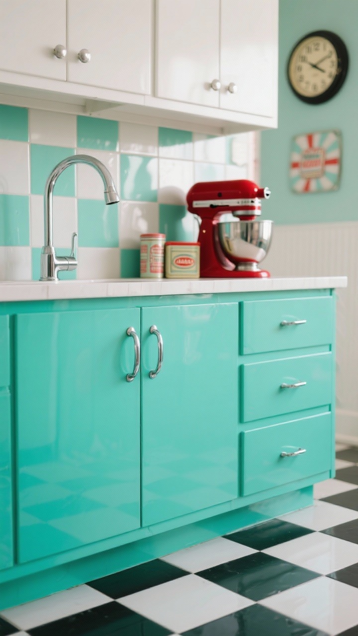 Detail closeup, bold retro pop vignette: mint-green lower cabinet face with chrome cup pull beside white upper cabinet; checkerboard black-and-white peel-and-stick floor partially visible; glossy pastel geometric backsplash tile catching light; curved chrome gooseneck faucet; diner-style clock in background blur; red stand mixer and vintage tins styled on counter; playful, nostalgic lighting, photorealistic, no people.