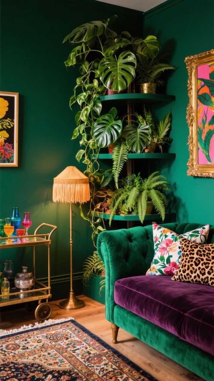 Detail/closeup, Botanical Maximalist Nook: lush plant cluster with trailing pothos, monstera, and ferns on tiered shelves against emerald or deep forest walls. In frame: the arm of an emerald or aubergine velvet loveseat, throw pillows in floral and leopard prints, edge of a Persian-inspired patterned rug. Include a brass-framed bold art snippet and part of a vintage bar cart with colorful glassware; warm glow from a fringed floor lamp. Rich, saturated colors, photorealistic.