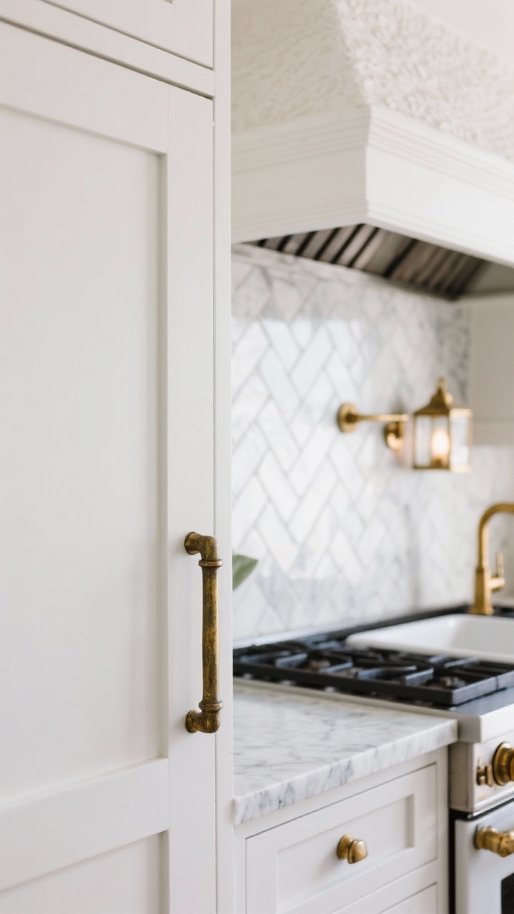 Detail closeup, Classic White With Brass & Marble Moments: soft white shaker cabinet door with boxed crown near ceiling and unlacquered brass long pull showing early patina; adjacent Calacatta-look quartz counter edge meeting a herringbone marble tile backsplash behind the range; glimpse of a custom plaster hood with subtle texture above; warm brass bridge faucet over an undermount single-bowl sink in the background softly blurred; petite brass lantern pendant glow reflected in marble; crisp, bright, quietly luxurious lighting, intimate framing.