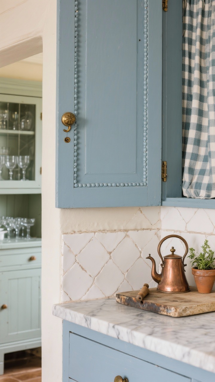 Detail closeup, English cottage charm: dusty blue beaded inset cabinet door corner with unlacquered brass knob and latch showing gentle patina; soapstone countertop edge with subtle veining; handmade off-white zellige tile backsplash with irregular surface and tonal variation softly catching light; glimpse of petite butler’s pantry beyond with glass-front uppers and neatly arranged glassware; styled accents of gingham cafe curtain edge, copper kettle spout, small herb pots, and worn cutting board layering. Warm, cozy cottage ambiance, photorealistic.