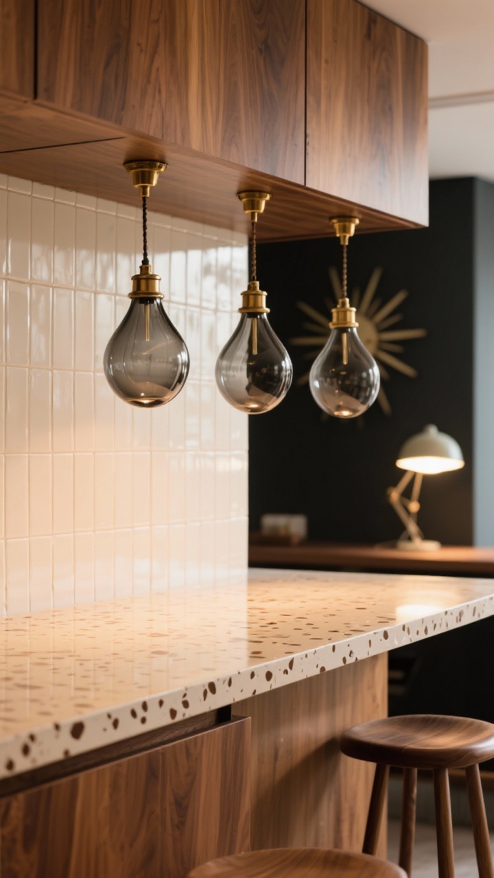 Detail closeup, eye-level of three smoked glass teardrop pendants with aged brass sockets over a warm walnut slab cabinet backdrop; cream terrazzo countertop with chocolate flecks beneath, showing subtle reflection of the pendants; vertical stacked warm-white tile backsplash softly catching light; edge of a tapered-leg bar stool and a vintage starburst clock blurred in background; moody yet bright LED task glow, mid-century modern vibe, photorealistic.
