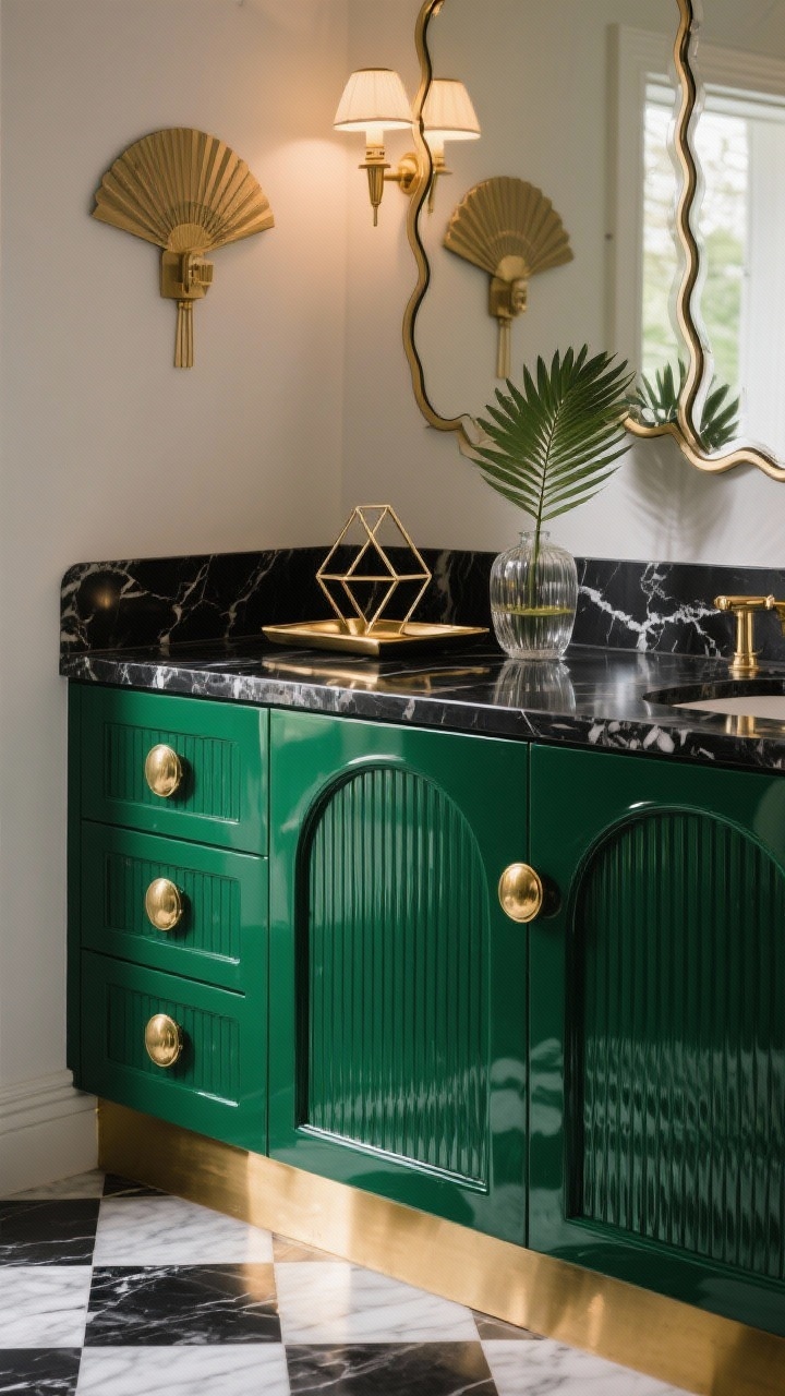 Detail closeup, eye-level, on Art Deco glam cabinetry: deep emerald-green high-gloss vanity with curved ribbed doors, oversized round brass knobs, and a brass toe-kick. Nero Marquina black marble counter with crisp veining. In soft focus behind, fan-shaped sconces and a scalloped-edge mirror; a geometric tray on the counter with a palm-leaf in a glass vase. Checkerboard marble floor peeking in the lower frame. Moody, glamorous lighting with reflective highlights, photorealistic.
