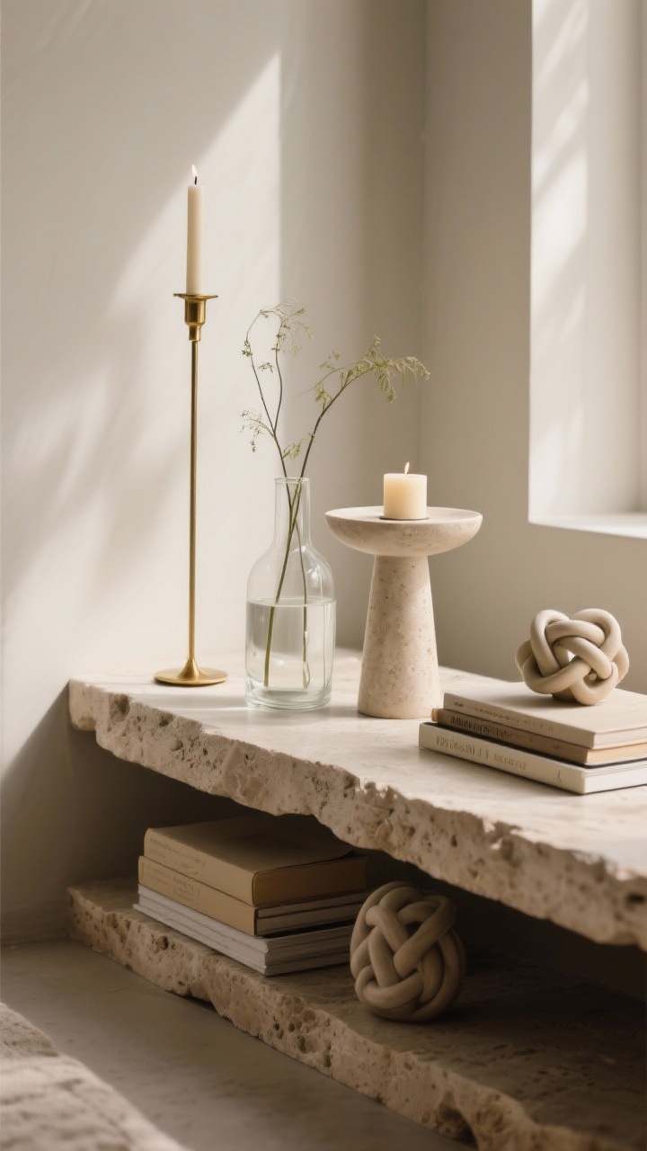 Detail closeup from a low corner angle focusing on mixed heights: a slender tall candlestick and a narrow glass vase with a few airy stems on one side, counterbalanced by a medium pedestal bowl and stacked books, plus a low sleek candle and a ceramic knot opposite; asymmetrical placement for harmony, not symmetry; muted tones with brass, clear glass, and travertine textures, gentle afternoon light creating subtle shadows and depth