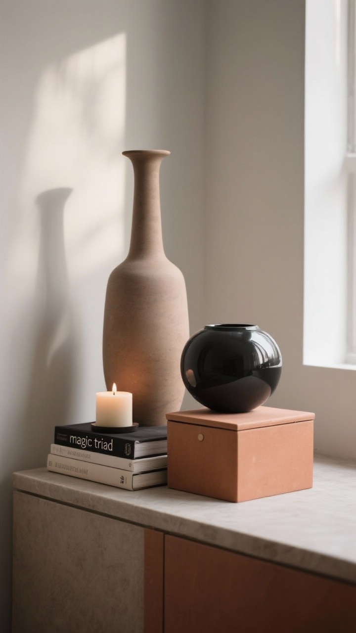 Detail closeup from a slight corner angle showing the “magic triad”: a tall matte clay vase, a round glossy vessel, and a low lidded box grouped together; a small candle perched on a 2–3 book stack as a pedestal; one object gently angled and another slightly overlapping to avoid a lined-up look; neutral anchors with accents of charcoal and soft terracotta repeating; soft window light creating gentle shadows, capturing varied heights (tall-medium-short) and silhouettes.