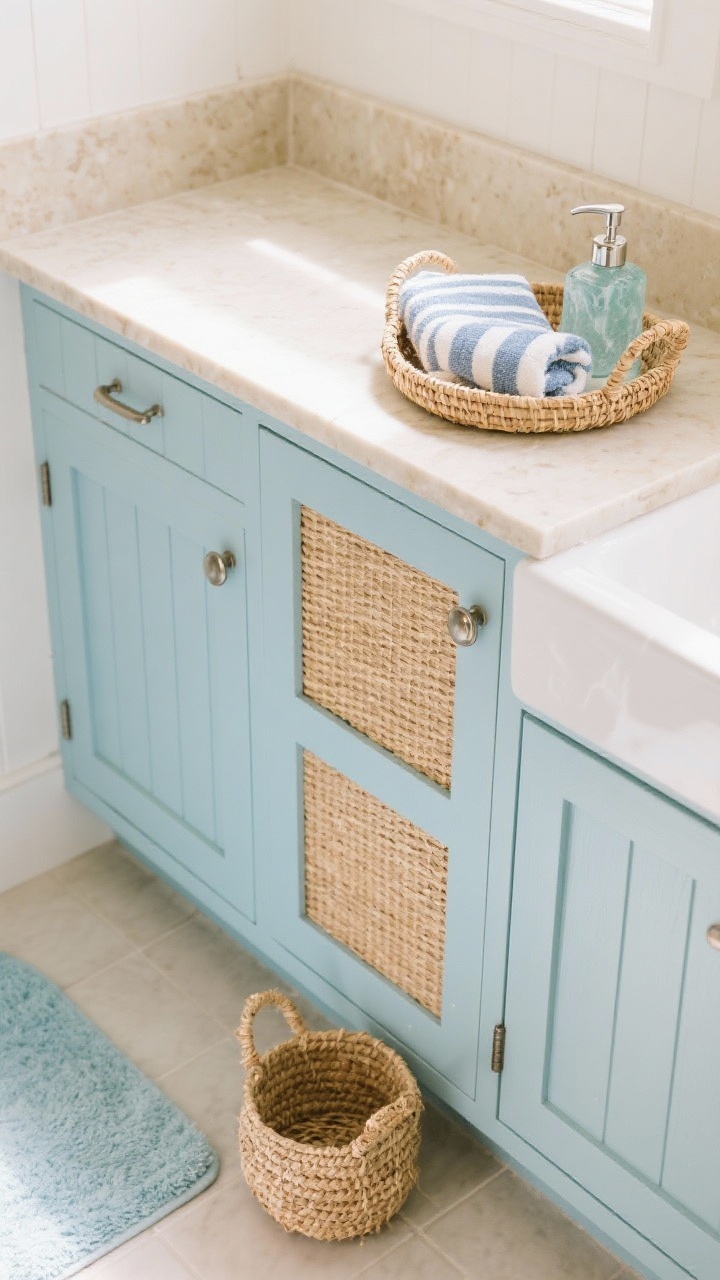Detail closeup from above (overhead) of coastal calm cabinetry: soft sky-blue beadboard fronts with a cane-front double-door cabinet section for texture, fitted with brushed nickel pulls. Warm beige, sandy-toned quartz counter with eased edge. Styled with a sea-glass soap dispenser, striped Turkish towels in a wicker tray, seagrass basket nearby, and a pale blue bath mat partially visible at the edge. Breezy, natural daylight highlighting textures, photorealistic.