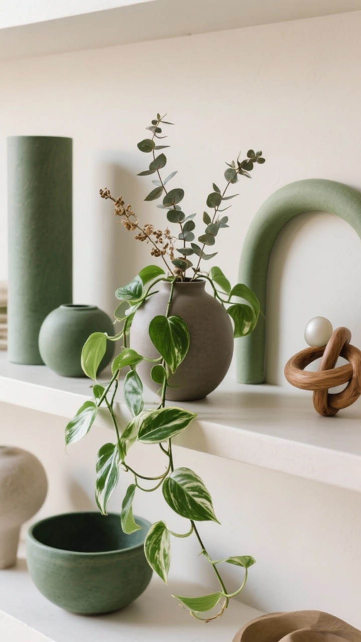 Detail closeup from an overhead angle of greenery and sculptural shapes: a trailing pothos spilling gently off the edge of a shelf, a matte ceramic vase with dried eucalyptus stems, and organic sculptural objects like a curved arch and a wooden knot beside a small sphere. Keep greenery to 1–2 shades of green for cohesion. Mix tall cylinders with squat bowls and curved forms. Soft, natural light highlighting leaves’ texture and subtle shadows.