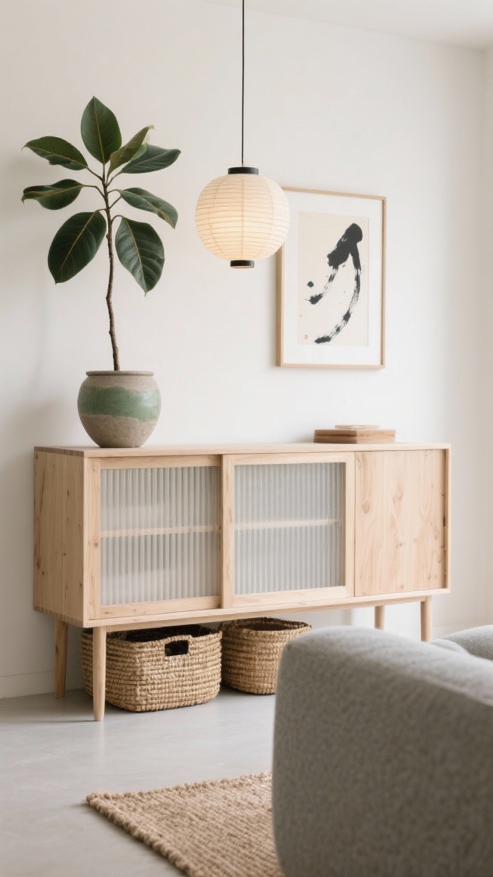 Detail/closeup, Japandi Calm Retreat vignette: a pale ash wood sideboard with slatted doors, neat woven baskets below, a single ink brush print above on an ivory wall. Foreground shows the edge of a muted pebble-gray sofa and a thin jute rug on bare floor. A paper lantern pendant softly diffuses light from above; a single tall plant (rubber tree or olive) in a stoneware planter adds sage green. Minimal, serene textures in ash wood, rice paper, stoneware, jute. Soft natural light, photorealistic.