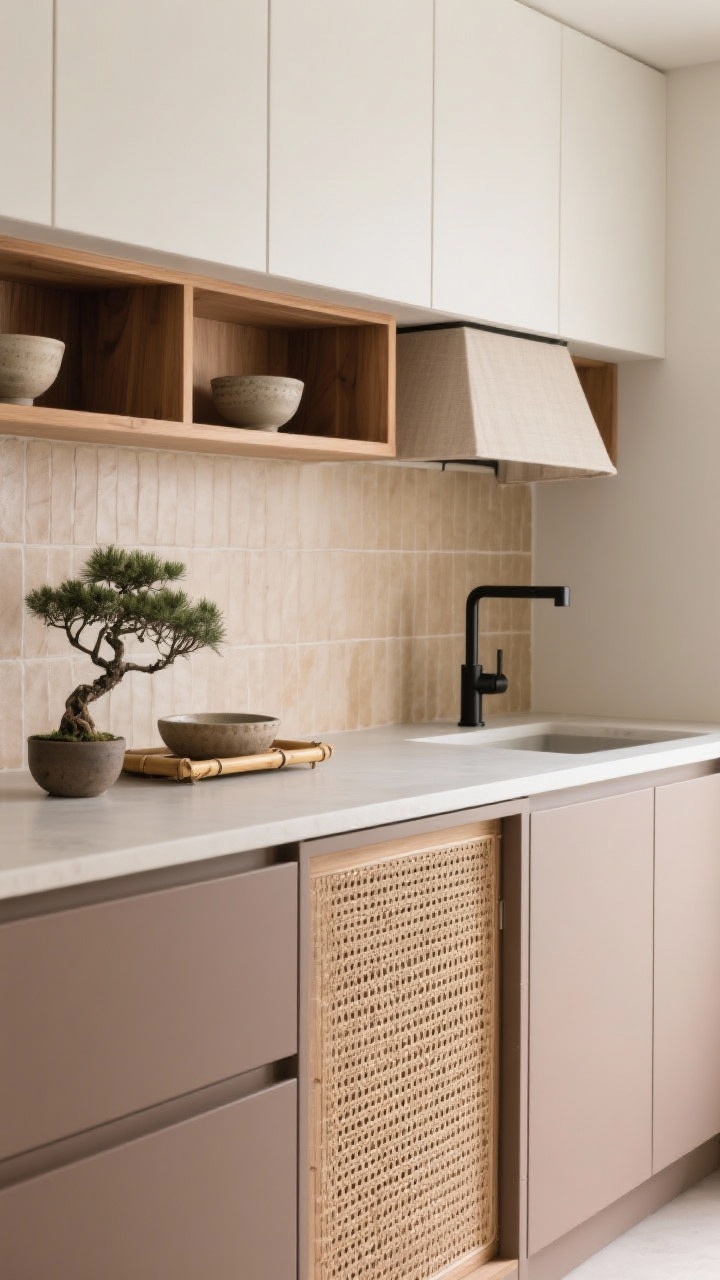 Detail closeup, Japandi textures: rattan-front cabinet insert adjacent to mushroom taupe lower cabinetry and off-white upper; warm wood open shelf styled with stoneware bowls and a bamboo tray; elongated matte tiles in sand/clay tones as backsplash; thin-profile black linear hardware and faucet; linen shade softly diffusing light; a single bonsai placed with negative space; earthy, restrained palette, photorealistic, no people.