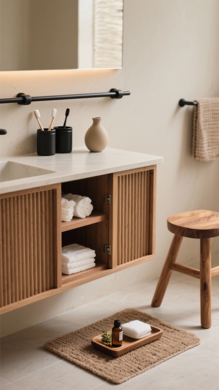 Detail closeup: Japandi vanity section featuring ribbed wood across the front with tambour-style sliding panels partially opened to reveal neatly arranged shelves and cubbies. Show a slim wall-mounted rail in matte black with matching containers for toothbrushes, cotton pads, and a tiny vase. Nearby, textures of a teak stool, cedar bath mat, and a small tray for bath tea and oils. Color story: sand, mocha, matte black; hardware has soft rounded edges. Lighting warm and serene, visual clutter minimized.