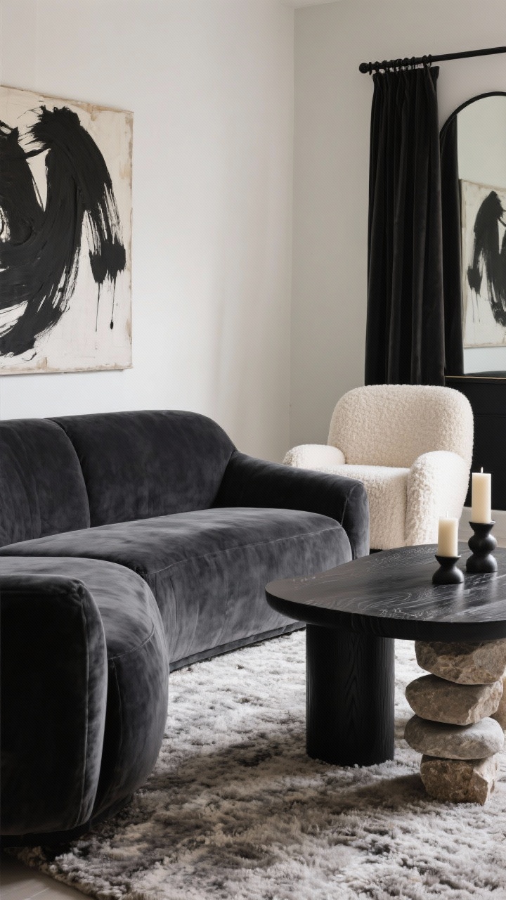 Detail closeup, Modern Organic Monochrome: High-contrast vignette featuring the edge of a charcoal velvet curved sofa against soft ivory walls, a cream bouclé chair arm, and a sculptural black wood coffee table surface. Include cylindrical stools and stacked stone candleholders; a heathered wool rug texture visible beneath. A sliver of an arched mirror reflects matte black curtain rods. Oversized black brushstroke abstract on raw canvas partially in frame. Palette: ivory, charcoal, black, natural stone. Soft directional lighting for subtle shadows, moody yet restful.