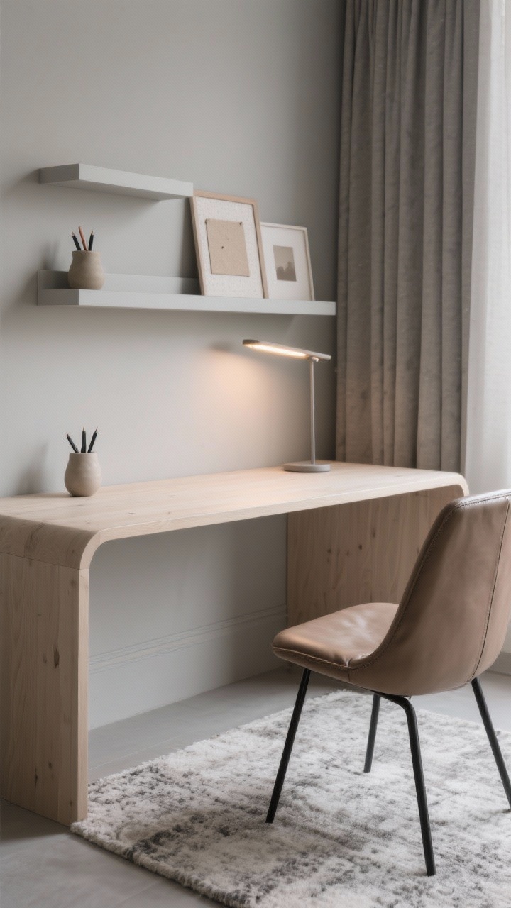 Detail closeup, monochrome greige home office: tight shot of a pale wood desk with rounded corners on a low-pile rug in the same greige tone as the walls and curtains; taupe leather chair with black metal legs partly visible; linear desk lamp with warm LED glow; wall-mounted shelves painted greige blending into the wall, holding a ceramic pen holder, linen pinboard, and two neutral prints; productivity cocoon vibe; shallow depth of field, photorealistic.