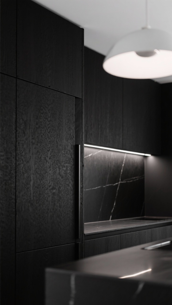 Detail closeup, monochrome minimalist textures: matte black slab cabinet front with integrated pull, micro-textured finish catching soft light, black silica porcelain counter meeting a vertically carried black quartz backsplash for a seamless edge, faint reflection of flangeless downlights and tucked LED strips under the counter; soft white ceiling reflected above, hint of a sculptural white pendant out of focus; mood is all-black, seamless, dramatic but calm; photorealistic macro angle.