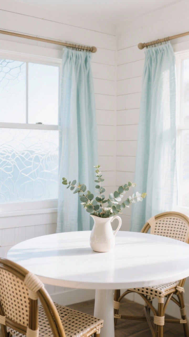 Detail closeup of a coastal breakfast nook tabletop and backdrop: round white table with a ceramic pitcher filled with eucalyptus, woven café chairs partially visible; behind, peel-and-stick shiplap accent wall in cloud white; windows softened by clip-on linen café curtains on tension rods with seafoam and soft blue accents in the scene; frosted window film creating an etched-glass glow; bright coastal natural light; photorealistic.