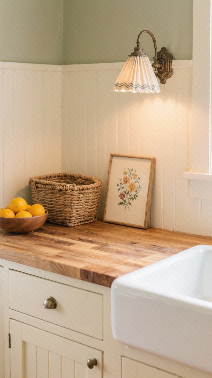 Detail closeup of a cozy cottage vignette: butcher block countertop in maple/beech with a food-safe oil finish showing wood grain; creamy off-white shaker drawer front with satin nickel cup pull; edge of a farmhouse apron sink in soft white; beadboard backsplash painted to match; warm light from an antique-inspired sconce with a pleated fabric shade; extras include a woven basket, small floral print leaning against the wall, and a bowl of bright citrus adding color. Soft, homey, inviting.
