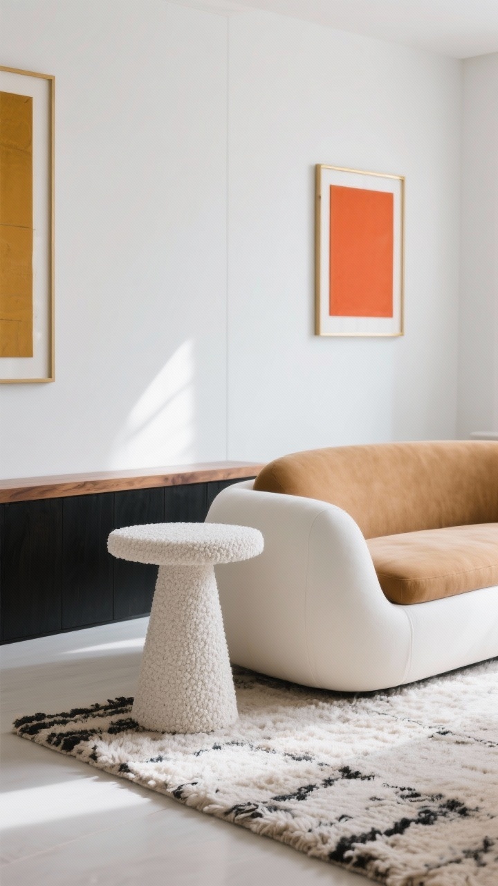 Detail closeup of a gallery white living room vignette: plaster-style side table with micro-bouclé texture nearby, a chunky wool rug underfoot, part of a curved sofa in camel and white palette, floor-to-ceiling gallery wall edges in black, wood, and brass frames with a single bold art color accent; clean balanced white walls with high light reflectance; soft natural light, minimal yet sculptural, photorealistic.
