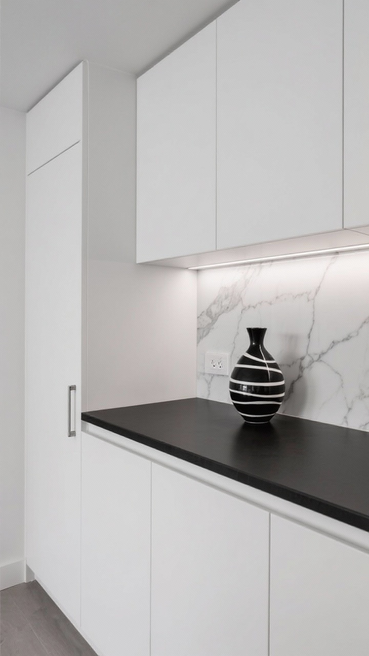 Detail closeup of a high-contrast minimalist gallery pantry: slab-front white cabinet doors with touch-latch (no hardware), ultra-thin black quartz counter edge, full-height bookmatched porcelain slab backsplash with subtle veining; LED strip under an open shelf casting an even glow, rail light washing the stone; concealed outlet barely visible; styling limited to a single sculptural black-and-white ceramic vase; palette crisp white, inky black; photorealistic, clean architectural lighting.