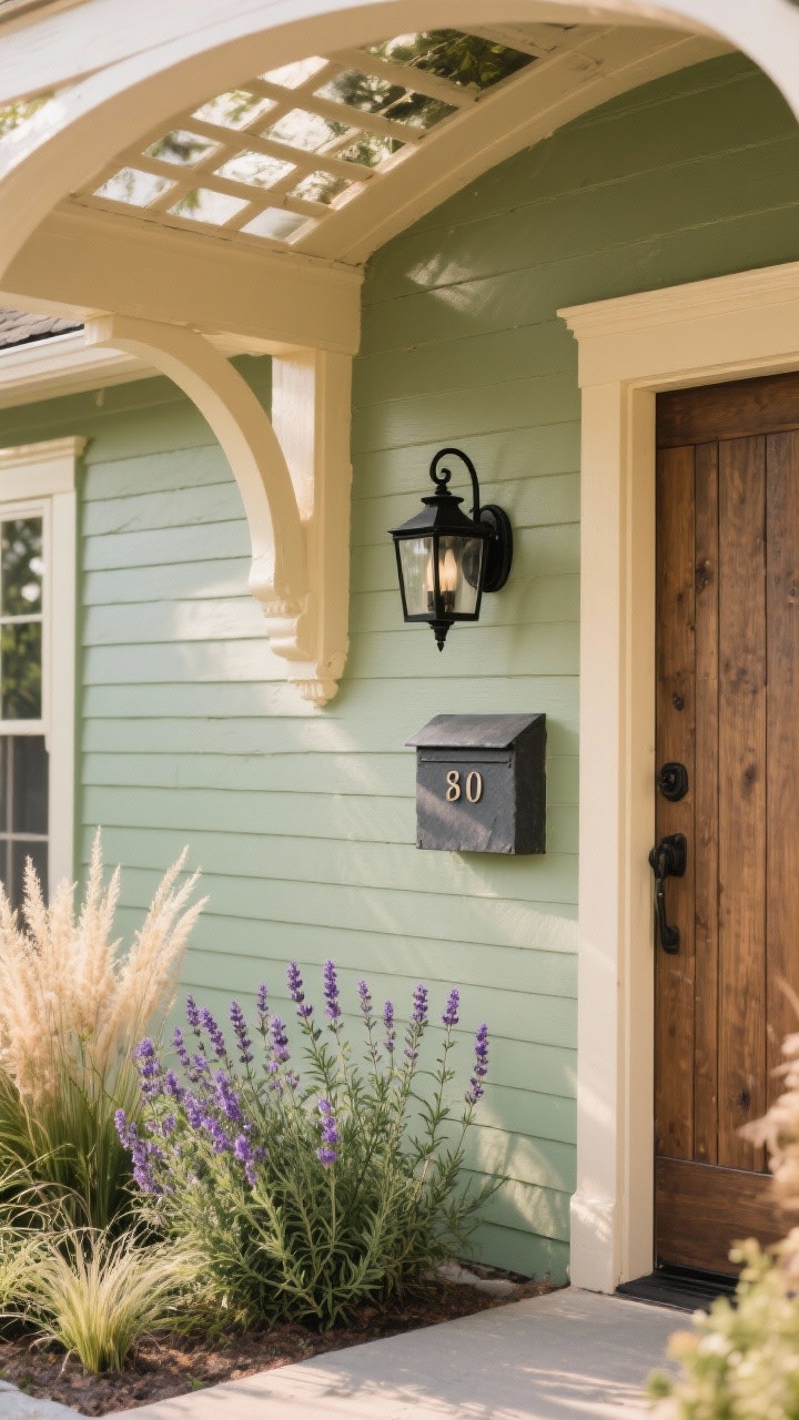 Detail closeup of an entry corner showing muted sage-green low-sheen siding next to warm antique cream trim; matte black accents including an iron sconce, mailbox, and slate house numbers; solid wood vertical-plank door partially visible; a simple arched trellis overhead; foreground planting of lavender, rosemary, and ornamental grasses blending with the palette; soft morning natural light emphasizing earthy tones and textures; photorealistic.