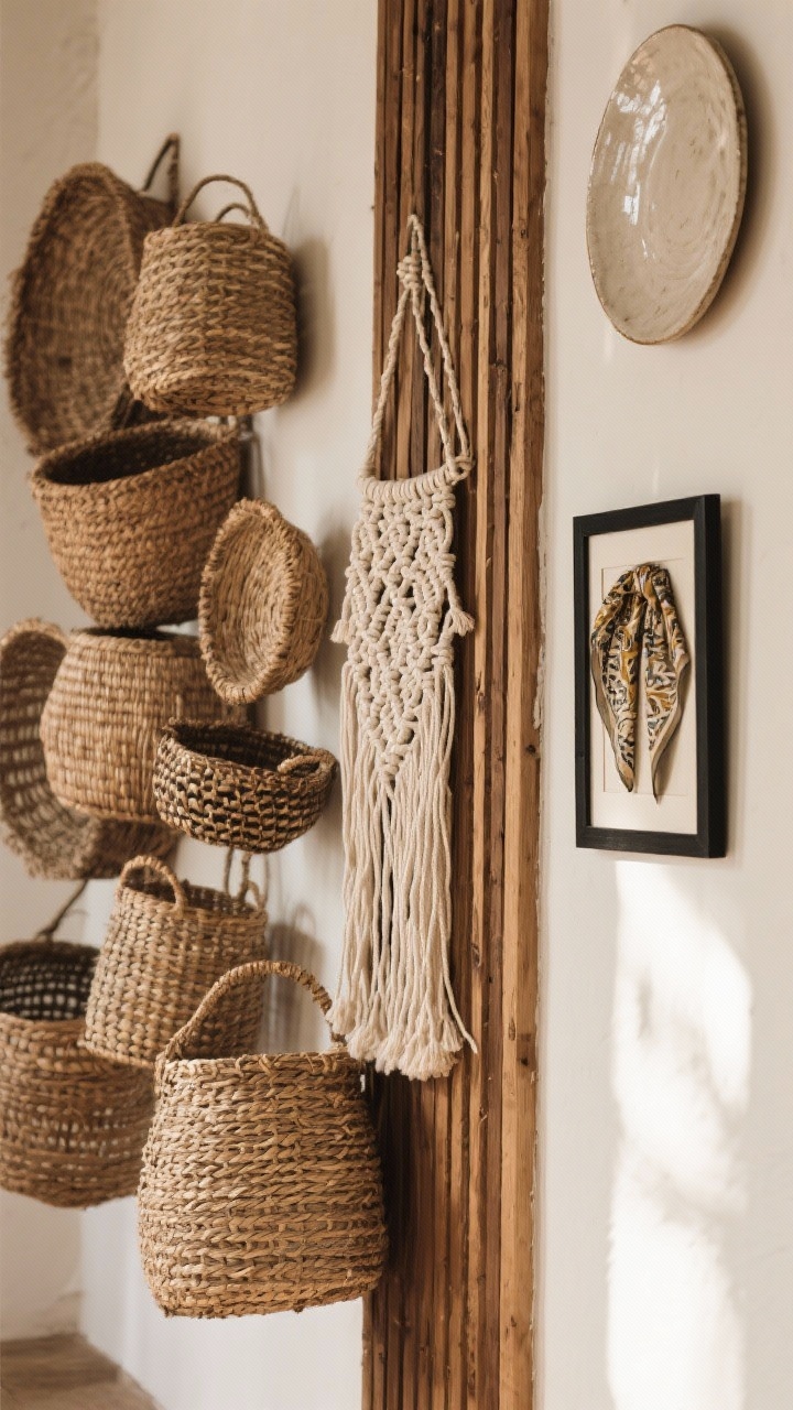 Detail closeup of layered wall textures: a cluster of woven baskets in varied sizes and natural tones next to a cream macramé/fiber art hanging; a narrow band of vertical wood slats adds architectural interest on one side; a small frame displaying a vintage patterned silk scarf. Mixed finishes: matte black thin frame, woven fibers, and a glossy ceramic wall plate catching light. Warm, diffused lighting emphasizing tactile surfaces. Mood: rich, layered, boho-designer.