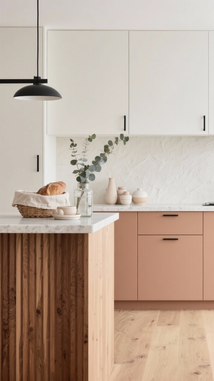 Detail closeup of minimalist textures: matte clay-colored lower cabinets meeting warm white uppers, slim black hardware for crisp contrast, soft ivory plaster backsplash with seamless, organic texture. Foreground shows a vertical slatted oak island face with a pale quartz top edge. On the counter: a linen-wrapped bread basket, a cluster of pale ceramics, and a sprig of eucalyptus in a glass jar. Background hint of a pared-back black linear pendant; blond oak floor with matte finish. Airy, calm, natural light; photorealistic.