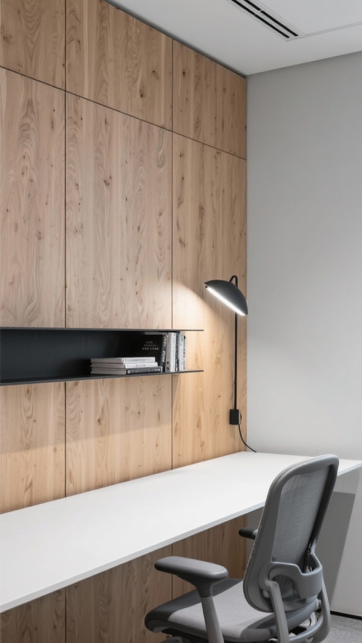 Detail closeup of office wall: wide matte-finished oak slab panels with precise micro-reveals between boards, showing subtle grain and serene texture; edge of a white waterfall desk in foreground with a graphite task chair partially visible; a linear black wall shelf holding a few books; adjustable black powder-coat arm sconce casting focused light; soft gray adjacent wall barely in frame; hint of concealed cable channel cleanliness; quiet, acoustic calm, photorealistic, no people.
