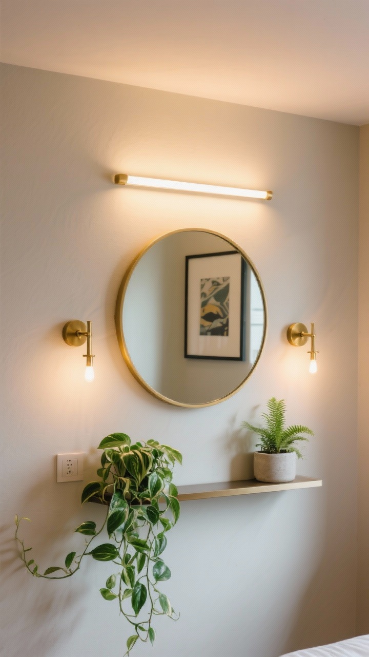 Detail closeup of shine and life on a wall: an oversized round mirror reflecting soft ambient light, flanked by two plug-in brass sconces; a slim picture light above a framed art piece below; a trailing pothos plant cascading from a high shelf and a wall-mounted planter with a small fern. Layered lighting visible—overhead glow, task sconce light, and accent from the picture light. No people, photorealistic, inviting boutique-hotel vibe with fresh greenery.
