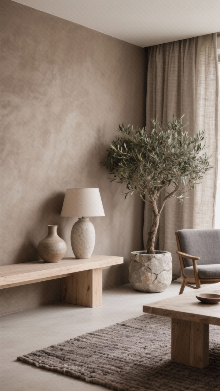 Detail closeup of spa-quiet minimalism: mushroom taupe wall as backdrop with nubby linen curtains, a plaster table lamp, and ceramic vases on a pale oak media console. A corner of a plinth coffee table in view, armless lounge chair in pebble-gray fabric blurred in the background. A single oversized olive tree in a stone planter adds organic texture. Hand-knotted warm gray rug visible at the edge. Soft, calming daylight emphasizing earthy textures and matte finishes.