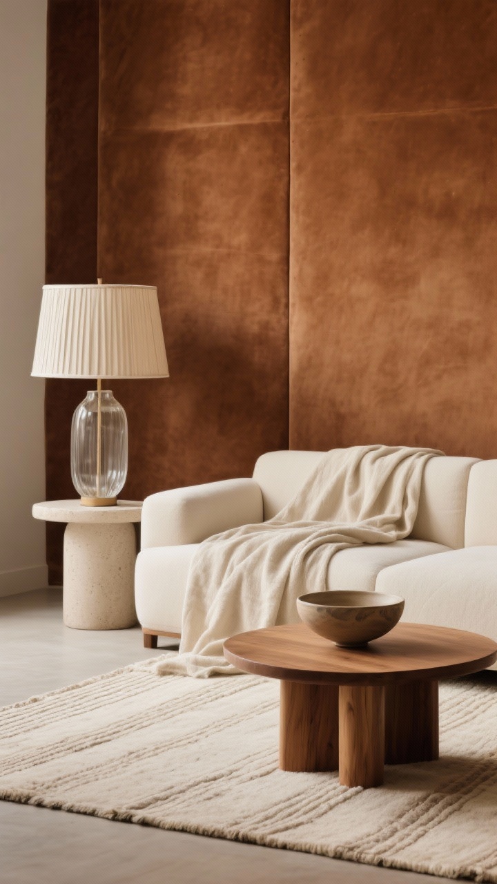Detail closeup, Quiet Luxe Minimalism: cinnamon spice velvety wall as background, soft ecru textiles draped over a clean-lined ecru sectional, low oak coffee table with rounded softened edges holding a sculptural ceramic bowl, nearby plaster pedestal; linen drum pendant glow spilling onto ribbed glass table lamp, flatweave wool ecru rug with faint stripe visible; calm, tactile, cocooning warm light, photorealistic.