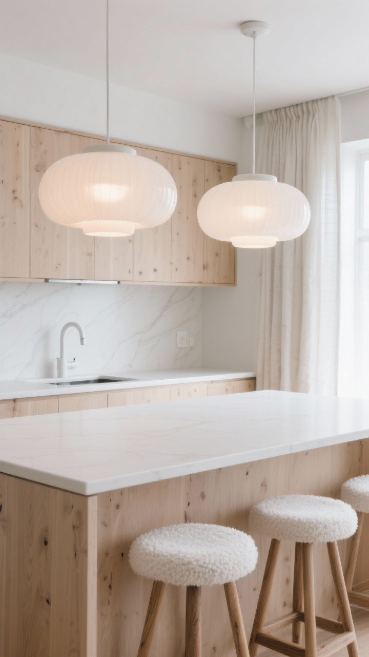 Detail closeup, slightly low angle of sculptural opal glass dome pendants “floating” over a bleached-wood island in a Scandinavian snow kitchen; pale ash wood cabinets, crisp white composite countertop, slab backsplash, matte white faucet and hardware; soft opal glow illuminating white oak stools with boucle seats; linen cafe curtains diffusing daylight in background; airy, quiet luxury, photorealistic.
