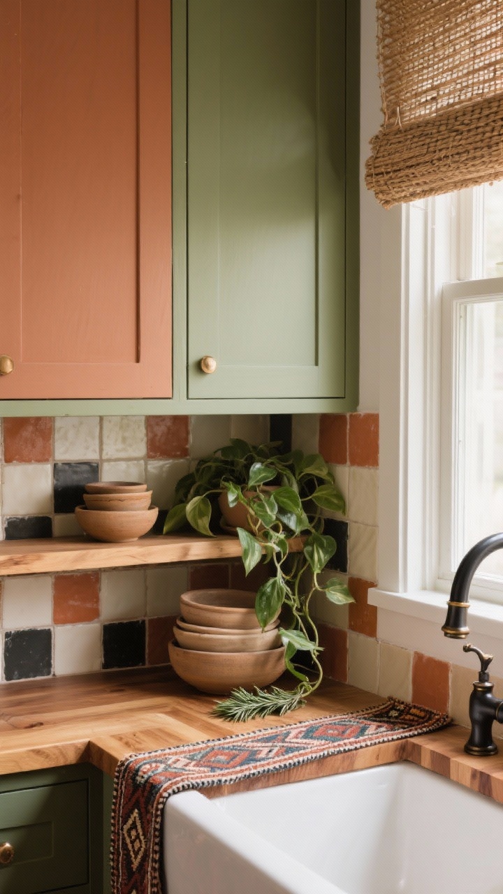 Detail closeup, straight-on of earthy boho layers: cabinet front in clay/terracotta (or sage green) beside warm butcher block countertop edge, mosaic peel-and-stick tile in muted terracotta, cream, and charcoal, open wood shelf with stacked stoneware bowls, trailing pothos and a sprig of rosemary nearby, a woven window shade partially visible, patterned kilim runner edge, and a blackened brass faucet catching soft light; warm, organic, curated mood with natural daylight; photorealistic.