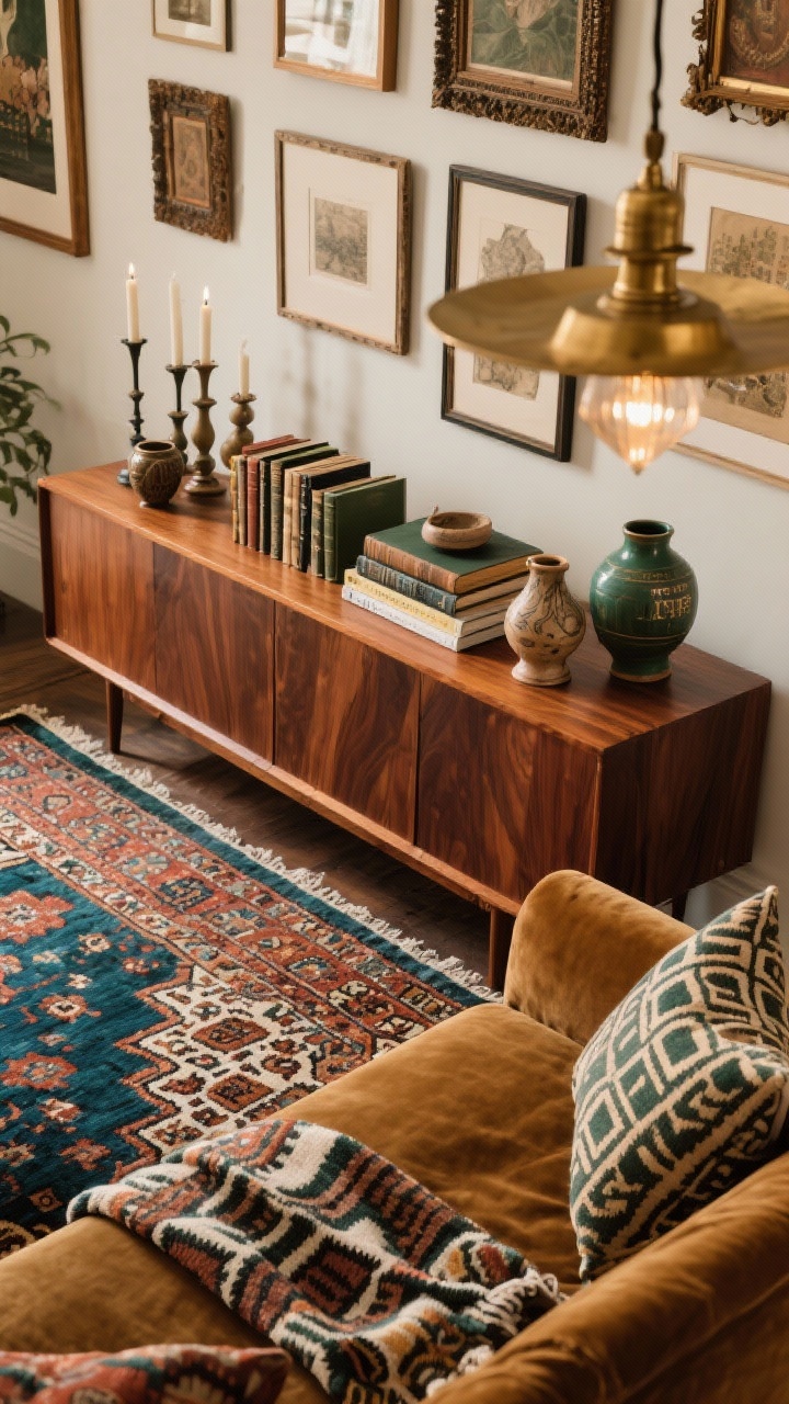 Detail closeup, Vintage Eclectic with Collected Charm: an overhead view of a Persian rug partially beneath a mid-century walnut credenza; a velvet camel sofa edge enters frame with patterned pillows and a block-printed throw draped casually; on the credenza, stacked vintage books, ceramic candlesticks, and hand-thrown pottery create a layered vignette; background hints of a gallery wall with mismatched frames; warm wood and rich tones of rust, forest green, and indigo; soft ambient lighting with a brass chandelier glow; photorealistic.