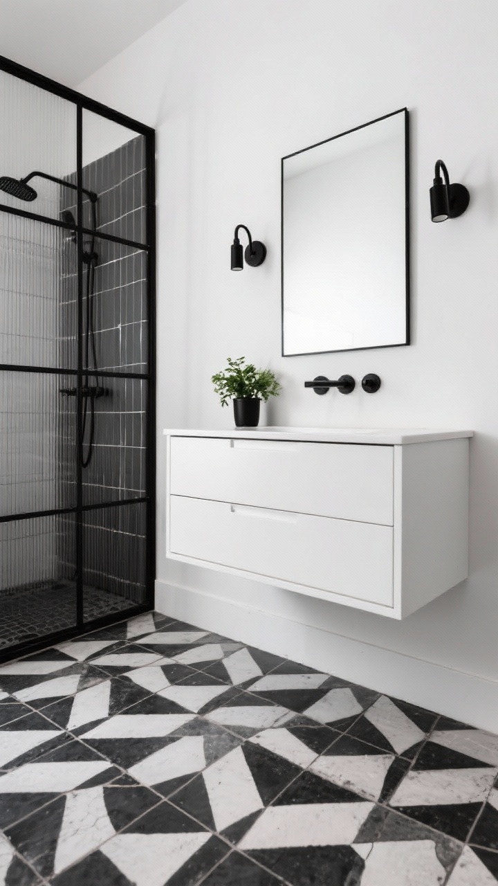 Detail-focused, straight-on shot emphasizing bold graphic pattern: high-contrast black-and-white geometric cement floor tiles in sharp focus, with a simple white vanity above featuring black hardware, a thin rectangular mirror, and industrial-style black sconces; a black framed shower grid visible in the background adding strong lines; a single pop of greenery on the vanity to soften the edges; bright, even lighting to highlight contrast.