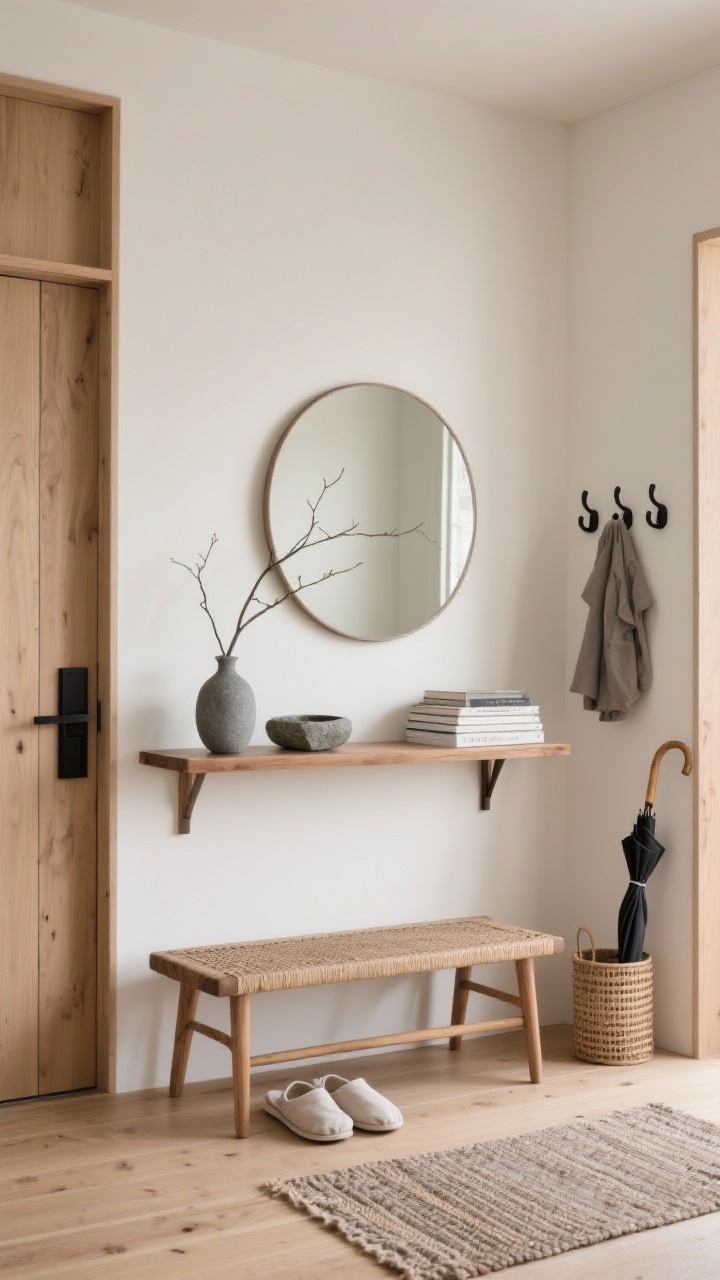 Detail/medium closeup, straight-on: Japandi minimalist entryway focusing on a slim ash-wood console against a warm white wall, a rounded-edge mirror hovering above, a stone catchall, a single ikebana vase with a minimal branch, and a neat stack of books. Beneath the console, a woven bench and neatly placed linen slippers. Pale wood flooring with a hand-loomed runner, discreet matte black hooks for coats, and a cane umbrella stand. Palette: putty, oak, smoke gray, matte black. Soft diffused daylight, clean lines, warm and edited.