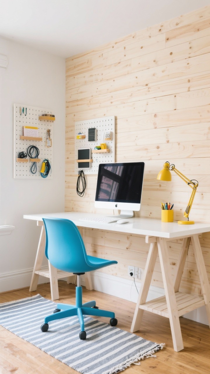 Detail/medium hybrid, Scandi-playful home office: one wall wrapped in light birch peel-and-stick wood planks; white trestle desk with slim tapered legs; sky-blue task chair popping against neutrals; renter-safe pegboard panels mounted with adhesive strips displaying neatly organized cords, notebooks, and small accessories; striped cotton runner under the desk; plug-in sconce with swing arm positioned over the monitor; touches of mustard in stationery; bright, cheerful daylight.