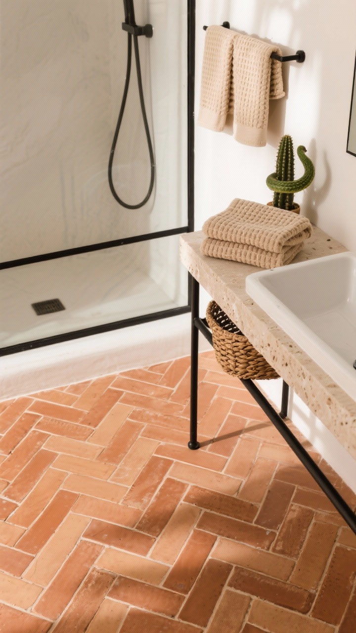 Detail overhead shot, Desert Modern: photorealistic close view of terracotta-look porcelain tiles laid in tight herringbone, warm clay tones and subtle variation; bone-white wall base just visible. Matte black iron vanity base leg with honed limestone top entering frame. Accents: sand-colored waffle towels folded, a woven wall basket partially in view, small cactus or snake plant casting a shadow. Matte black shower frame line in background. Warm, sunlit desert ambiance.