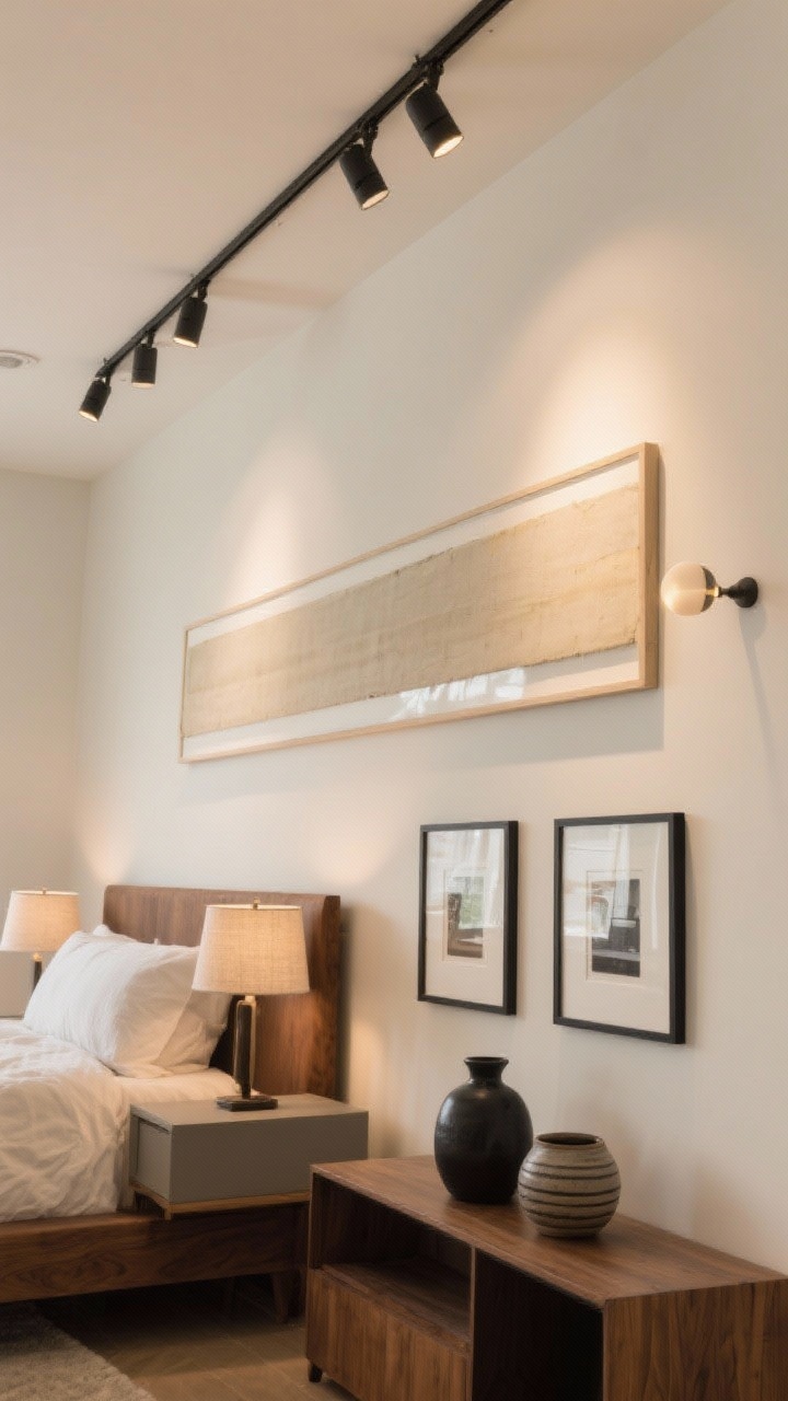 Detail shot, angled upward: Art-Forward Gallery focus on lighting—minimal ceiling track system with adjustable heads precisely spotlighting framed art on crisp warm white walls; a picture light illuminating a large horizontal artwork above a walnut platform bed; small linen-shade bedside lamps kept understated on flat-front nightstands; black frames, curated prints, ceramic vases on a low media console; 3000K high CRI bulbs rendering true colors; photorealistic, clean and deliberate lighting drama.