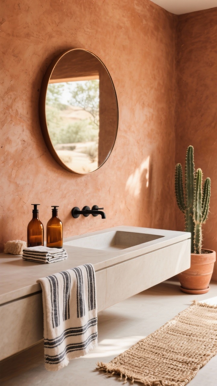 Detail shot, eye-level: Desert Minimal microcement textures in warm terracotta on wall and custom vanity with clean, matte surfaces and simple lines. A round bronze mirror softens the composition, contrasted by matte black fixtures. Foreground includes an amber glass bottle set and striped Turkish towels; to the side, a woven jute runner edge and a terra-cotta planter with a cactus. Soft sunlit warmth, grounded and sun-baked mood, photorealistic.