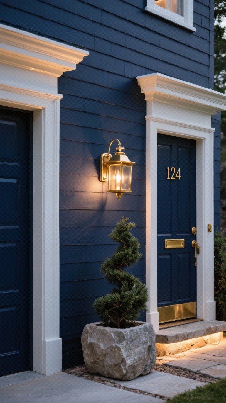 Detail shot of a midnight inky navy semi-matte facade section with soft off-white trim outlining a cornice; unlacquered brass lantern sconce, brass house numbers, and a brass kick plate on a nearby door edge; adjacent natural limestone path edge and a chunky stone planter holding a sculptural evergreen; early evening lighting with subtle layered uplighting to enhance mood and texture; photorealistic.