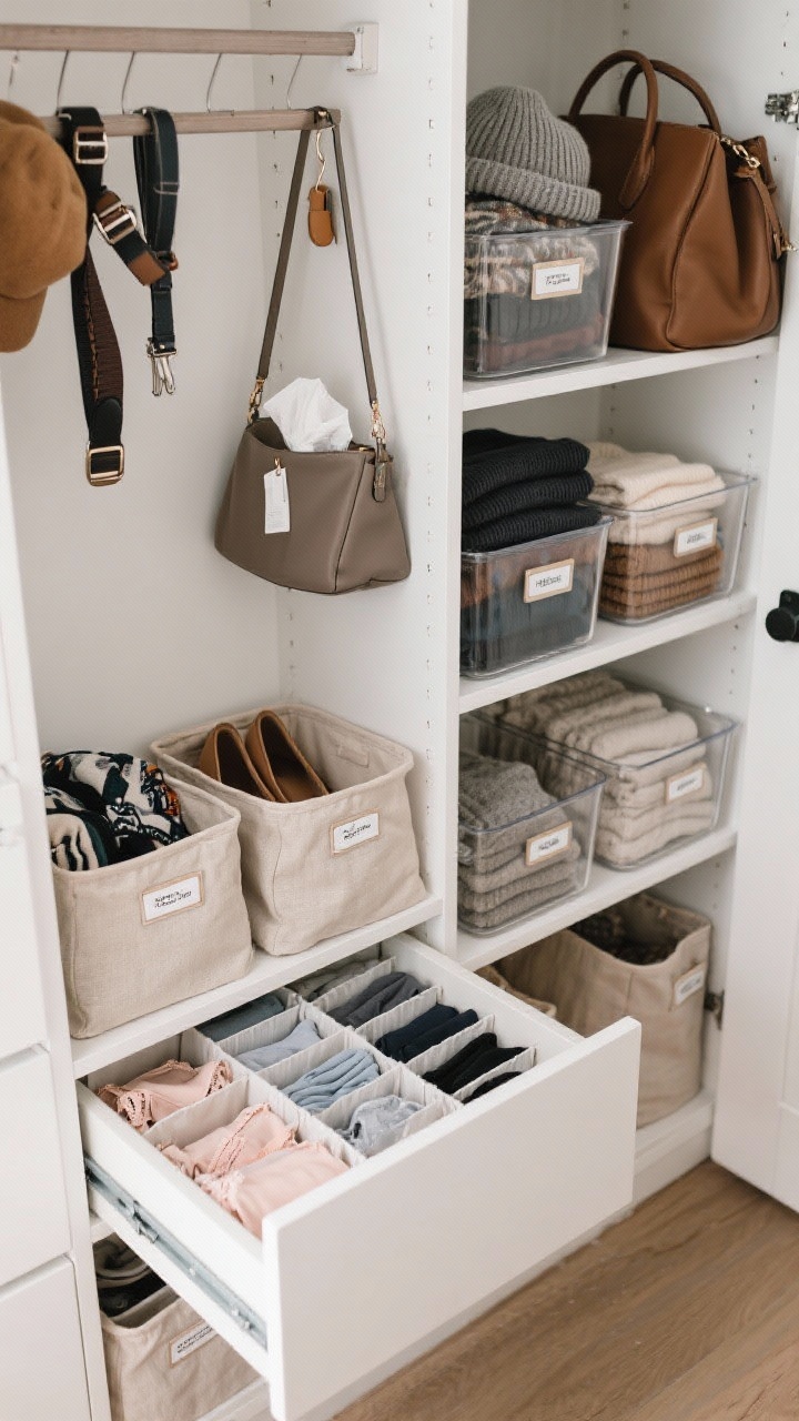 Detail shot, overhead perspective of closet storage: a mix of clear bins with neat label tags for shoes and accessories, fabric bins in a neutral linen texture for scarves and beanies, a drawer pulled open revealing dividers with file-folded underwear and tees, and acrylic shelf dividers corralling sweater stacks and handbags; over-the-door rack visible at frame edge with belts and hats; include a handbag stuffed with tissue and a small hook supporting its strap; crisp, clutter-free styling.