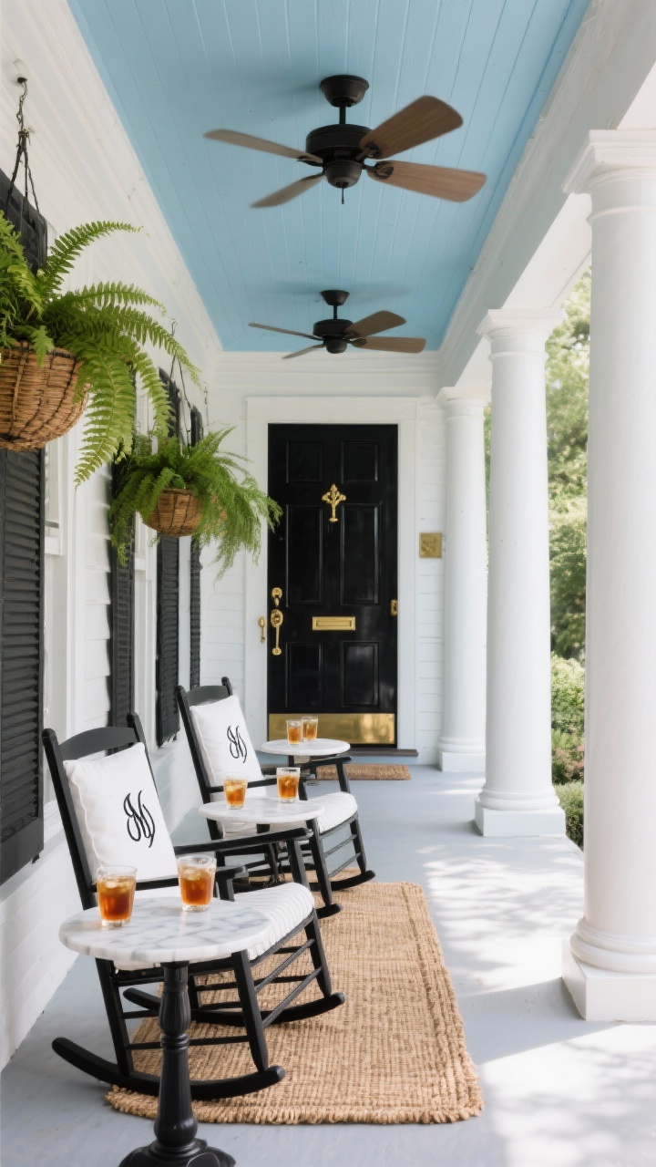 Elegant wide, straight-on view of a refined Southern veranda: tall tapered columns, a haint-blue ceiling, and a glossy black front door with brass hardware and a woven reed mat. Three white rocking chairs with monogrammed ivory cushions (thin black trim) line the front, each paired with tiny marble-top gueridon tables holding iced tea glasses. Lush ferns overflow from hanging baskets; dual ceiling fans spin overhead. Palette of soft blue, crisp white, polished black, and burnished brass; bright yet soft Southern daylight.