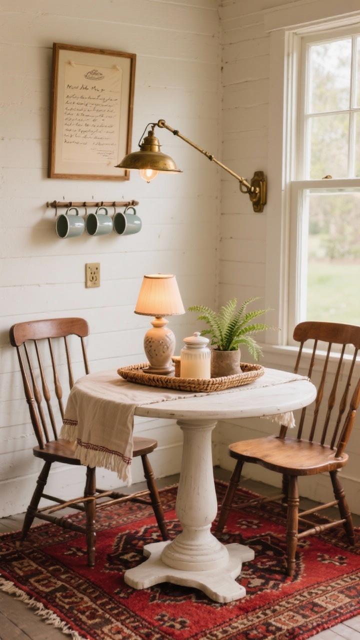 Intimate medium shot of a cozy country coffee nook on a small porch: a round pedestal table with two spindle-back chairs by a window, topped with a linen runner and a small ceramic lamp casting a warm glow. A wool kilim-style rug in warm reds and taupes underfoot. A wall-mounted cup rack holds enamel mugs; a woven tray on the table corrals a candle, a sugar jar, and a tiny potted fern. Palette of cream, cinnamon, and deep berry; aged brass plug-in swing-arm sconce above; a framed handwritten recipe card as art.