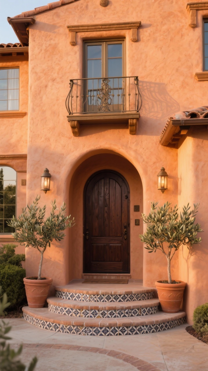 Medium-angle exterior entry of a Mediterranean-inspired home with warm terracotta, lightly textured stucco body; aged/oil-rubbed bronze trim and lighting; dark espresso wood front door; patterned decorative cement tile risers on the steps; olive trees in terra-cotta pots flanking the entry; a graceful curved arch over the doorway and a small wrought-iron balcony above; captured at golden hour so the facade glows warmly; photorealistic.