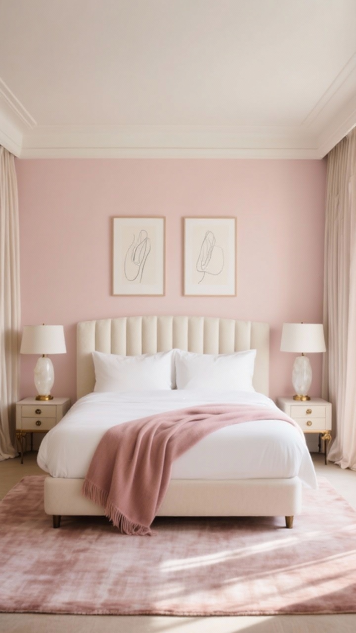 Medium bedroom shot, straight-on, with putty pink walls that skew beige. An ivory velvet channeled headboard centers the scene, flanked by alabaster bedside lamps on nightstands with aged brass pulls. Drapey floor-length curtains pool slightly. Bedding is crisp white percale with a cashmere throw in dusty rose at the foot. Minimal float-mounted line drawings over the bed. A silk-wool rug underfoot adds a plush hotel-suite hush, soft diffused morning light for a gentle, refined glow.