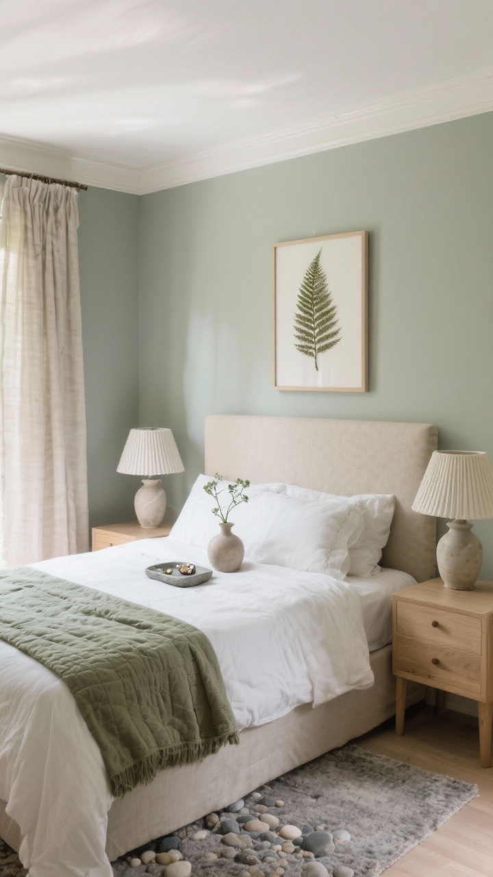 Medium bedroom view with muted sage walls (soft gray undertone), soft ivory trim, white ceiling. Upholstered headboard in oatmeal linen, layered flax sheets, cloud-white duvet, and a folded sage quilt at the foot of the bed. Light oak nightstands with clean lines, ceramic table lamps with pleated shades. Floor-length natural linen drapes, pebble-gray wool rug. Pressed fern art above the bed, ceramic bud vase and small stone tray for jewelry on the nightstand. Morning light, serene and restorative; photorealistic, slight corner angle.