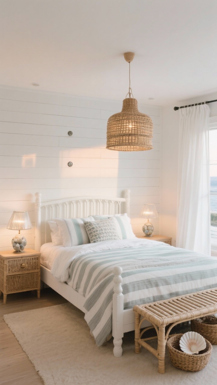 Medium, breezy straight-on: Coastal Calm bedroom with warm white walls and a shiplap accent wall grazed by discreet wall washers to highlight grain and shadow; a woven rattan pendant as organic focal point; pebble-glass bedside lamps softly glowing; whitewashed bed frame, cane nightstands, slatted bench; striped linen bedding, woven baskets, ceramic shell bowl; sheer white curtains moving gently; palette of sand, driftwood gray, seafoam; photorealistic natural daylight transitioning to warm evening glow.